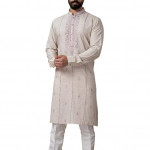 Men Beige Tusser Embroidered Kurta with Pyjama