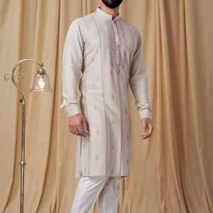 Men Beige Tusser Embroidered Kurta with Pyjama