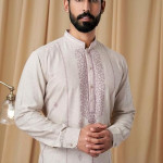 Men Beige Tusser Embroidered Kurta with Pyjama