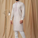 Men Beige Tusser Embroidered Kurta with Pyjama