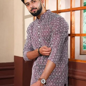 Men’s Printed Silk Blend Kurta with Mandarin Collar