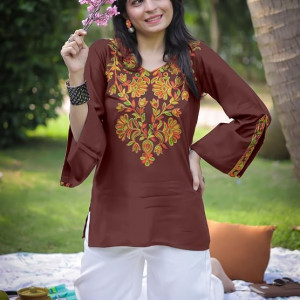 Women's Light Rayon Yoke Embroidery Straight Short Kurti